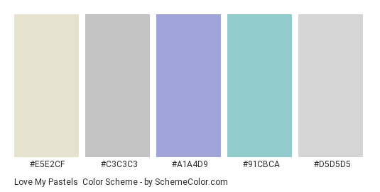 Love My Pastels - Color scheme palette thumbnail - #e5e2cf #c3c3c3 #a1a4d9 #91cbca #d5d5d5 