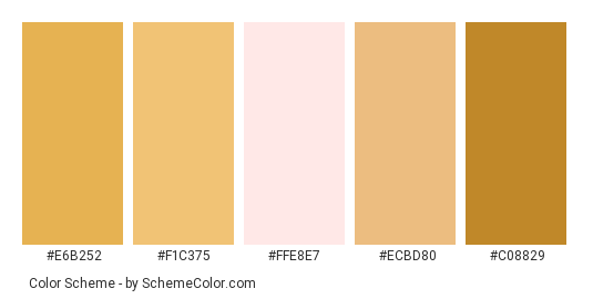 Twinkies Always - Color scheme palette thumbnail - #e6b252 #f1c375 #ffe8e7 #ecbd80 #c08829 