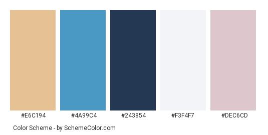 Winter Melody - Color scheme palette thumbnail - #e6c194 #4a99c4 #243854 #f3f4f7 #dec6cd 