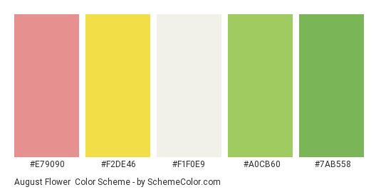 August Flower - Color scheme palette thumbnail - #e79090 #f2de46 #f1f0e9 #a0cb60 #7ab558 