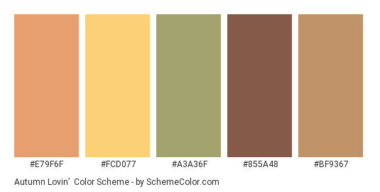 Autumn Lovin’ - Color scheme palette thumbnail - #e79f6f #FCD077 #A3A36F #855A48 #bf9367 