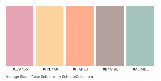 Vintage Glass - Color scheme palette thumbnail - #e7a4b5 #fcd4a0 #ffad8d #b4a19e #a6c4be 
