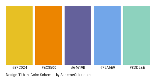 Design Titbits - Color scheme palette thumbnail - #e7c024 #EC8500 #64619B #72A6E9 #8dd2be 