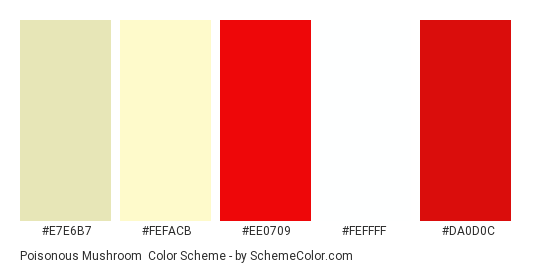 Poisonous Mushroom - Color scheme palette thumbnail - #e7e6b7 #fefacb #ee0709 #feffff #da0d0c 
