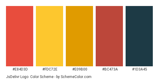 jsDelivr Logo - Color scheme palette thumbnail - #e84d3d #fdc72e #e09b00 #bc473a #1d3a45 