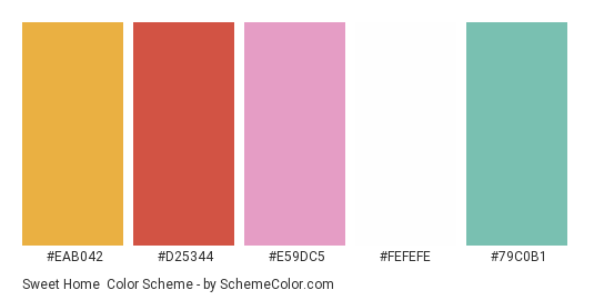 Sweet Home - Color scheme palette thumbnail - #eab042 #d25344 #e59dc5 #fefefe #79c0b1 