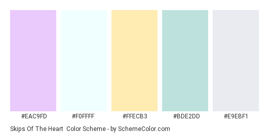 Skips of the Heart - Color scheme palette thumbnail - #eac9fd #f0ffff #ffecb3 #bde2dd #e9ebf1 