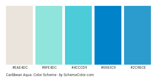 Caribbean Aqua - Color scheme palette thumbnail - #eae4dc #8fe4dc #4cccd9 #0083c9 #2c9bce 