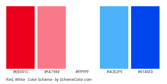 Red, White & Blue Lights - Color scheme palette thumbnail - #eb001c #fa7988 #ffffff #4cb2f9 #0145ed 