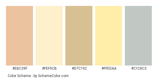 There Are Look Backs - Color scheme palette thumbnail - #ebc39f #fef0cb #d7c192 #ffedaa #c1c8c3 