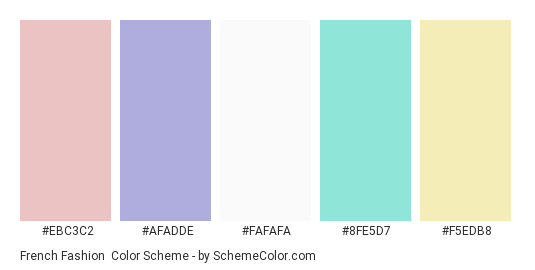 French Fashion - Color scheme palette thumbnail - #ebc3c2 #afadde #fafafa #8fe5d7 #f5edb8 
