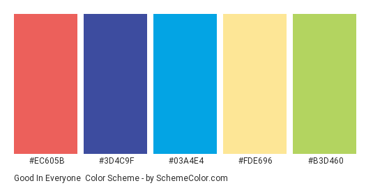 Good in Everyone - Color scheme palette thumbnail - #ec605b #3d4c9f #03a4e4 #fde696 #b3d460 