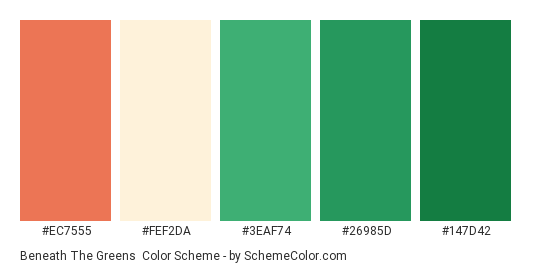 Beneath the Greens - Color scheme palette thumbnail - #ec7555 #fef2da #3eaf74 #26985d #147d42 