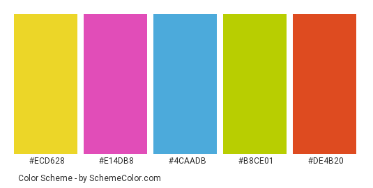 Colorful Street Houses Exterior Painting Ideas - Color scheme palette thumbnail - #ecd628 #e14db8 #4caadb #b8ce01 #de4b20 