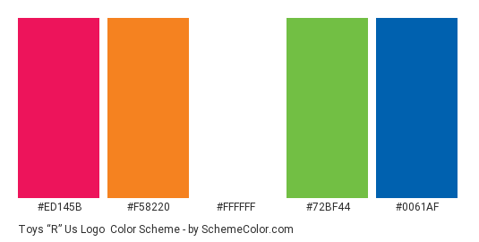 Toys “R” Us Logo - Color scheme palette thumbnail - #ed145b #f58220 #ffffff #72bf44 #0061af 