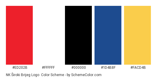 NK Široki Brijeg Logo - Color scheme palette thumbnail - #ed202b #ffffff #000000 #1d4b8f #facd4b 