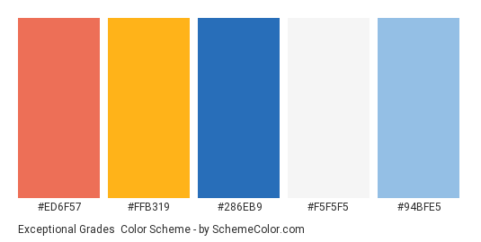 Exceptional Grades - Color scheme palette thumbnail - #ed6f57 #ffb319 #286eb9 #f5f5f5 #94bfe5 