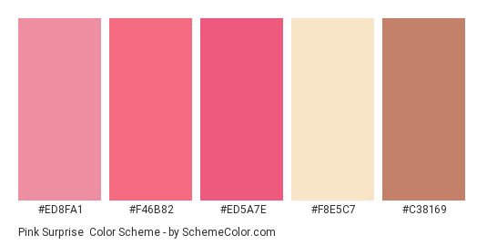 Pink Surprise - Color scheme palette thumbnail - #ed8fa1 #f46b82 #ed5a7e #f8e5c7 #c38169 