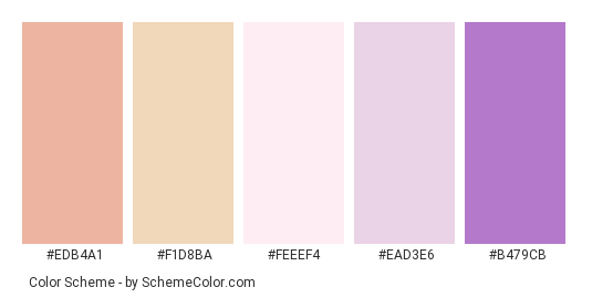 The Wind and I - Color scheme palette thumbnail - #edb4a1 #f1d8ba #feeef4 #ead3e6 #b479cb 
