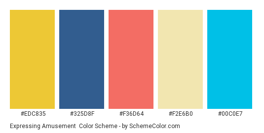 Expressing Amusement - Color scheme palette thumbnail - #edc835 #325d8f #f36d64 #f2e6b0 #00c0e7 
