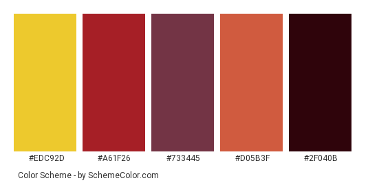 Colors of Corn - Color scheme palette thumbnail - #edc92d #a61f26 #733445 #d05b3f #2f040b 