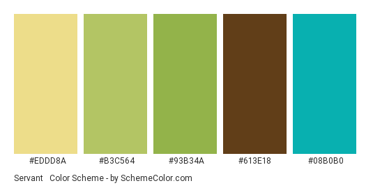Servant & Master - Color scheme palette thumbnail - #eddd8a #b3c564 #93b34a #613e18 #08b0b0 