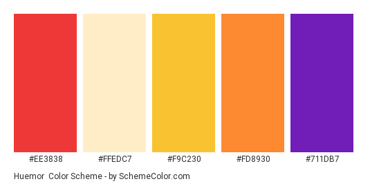 Huemor - Color scheme palette thumbnail - #ee3838 #ffedc7 #f9c230 #fd8930 #711db7 