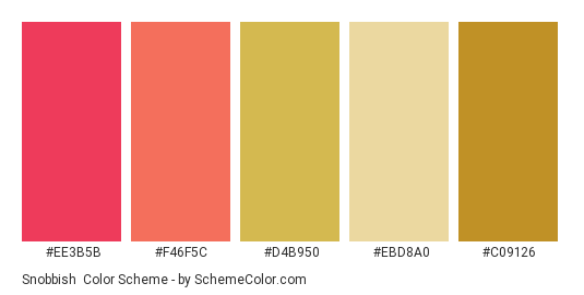 Snobbish - Color scheme palette thumbnail - #ee3b5b #f46f5c #d4b950 #ebd8a0 #c09126 