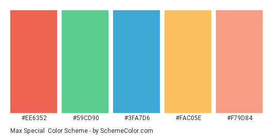 Max Special - Color scheme palette thumbnail - #ee6352 #59cd90 #3fa7d6 #fac05e #f79d84 