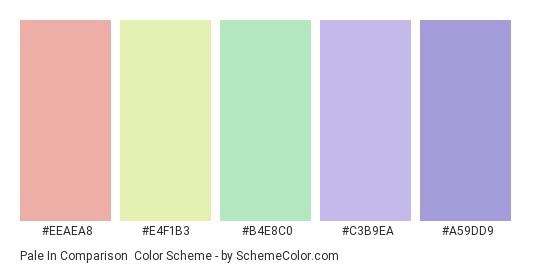 Pale in Comparison - Color scheme palette thumbnail - #eeaea8 #e4f1b3 #B4E8C0 #C3B9EA #A59DD9 