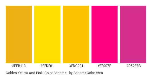 Golden Yellow and Pink - Color scheme palette thumbnail - #eeb113 #FFDF01 #fdc201 #ff007f #d52e8b 