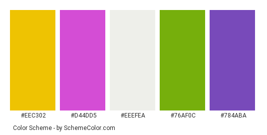 Beautiful Bouquet - Color scheme palette thumbnail - #eec302 #d44dd5 #eeefea #76af0c #784aba 