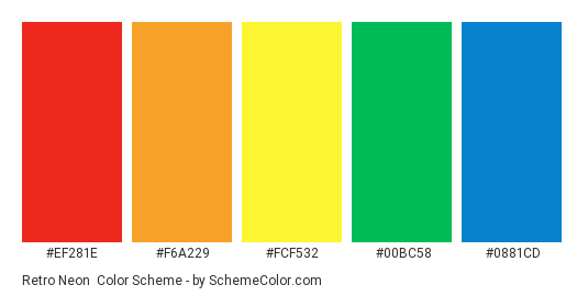 Retro Neon - Color scheme palette thumbnail - #ef281e #f6a229 #fcf532 #00bc58 #0881cd 