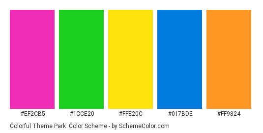 Colorful Theme Park - Color scheme palette thumbnail - #ef2cb5 #1cce20 #ffe20c #017bde #ff9824 