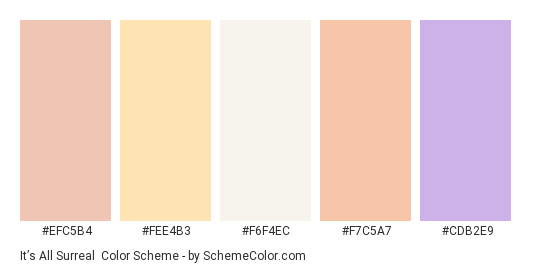 It’s all Surreal - Color scheme palette thumbnail - #efc5b4 #fee4b3 #f6f4ec #f7c5a7 #cdb2e9 