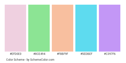 Valentine Candy - Color scheme palette thumbnail - #efd0e0 #8ce494 #f8bf9f #5edbef #c397f6 