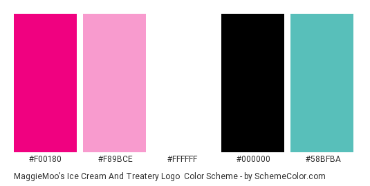 MaggieMoo’s Ice Cream and Treatery Logo - Color scheme palette thumbnail - #f00180 #f89bce #ffffff #000000 #58bfba 