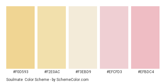 Soulmate - Color scheme palette thumbnail - #f0d593 #f2e0ac #f3ebd9 #efcfd3 #efbdc4 