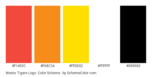 Wests Tigers Logo - Color scheme palette thumbnail - #f1493c #f68c1a #ffde02 #ffffff #000000 