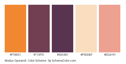 Modus Operandi - Color scheme palette thumbnail - #f18831 #713f51 #583451 #f9ddbf #eda191 