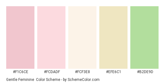 Gentle Feminine - Color scheme palette thumbnail - #f1c6ce #fcdadf #fcf3e8 #efe6c1 #b2de9d 