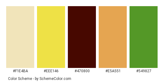 Eagle Bird - Color scheme palette thumbnail - #f1e4ba #eee146 #470800 #e5a551 #549827 