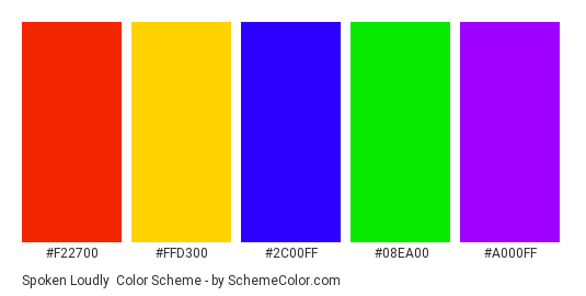 Spoken Loudly - Color scheme palette thumbnail - #f22700 #ffd300 #2c00ff #08ea00 #a000ff 