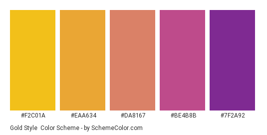 Gold Style - Color scheme palette thumbnail - #f2c01a #eaa634 #da8167 #be4b8b #7f2a92 