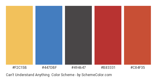 Can’t Understand Anything - Color scheme palette thumbnail - #f2c15b #447dbf #494647 #b83331 #c84f35 