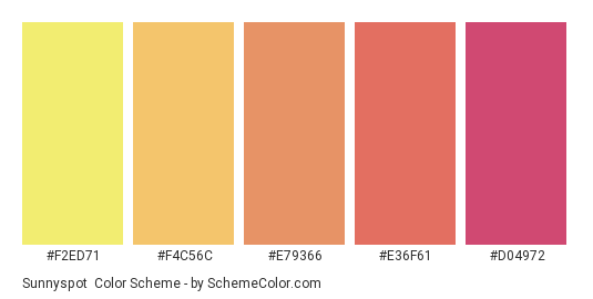 Sunnyspot - Color scheme palette thumbnail - #f2ed71 #f4c56c #e79366 #e36f61 #d04972 