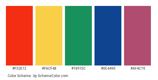 Rainbow Yarn - Color scheme palette thumbnail - #f32e12 #facf48 #18915c #0e4490 #af4c70 