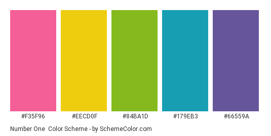 Number One - Color scheme palette thumbnail - #f35f96 #eecd0f #84ba1d #179eb3 #66559a 