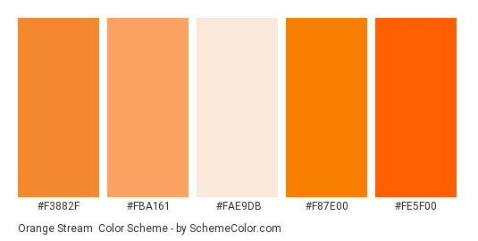 Orange Stream - Color scheme palette thumbnail - #f3882f #fba161 #fae9db #f87e00 #fe5f00 