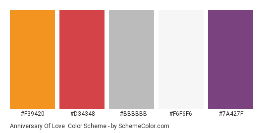 Anniversary of Love - Color scheme palette thumbnail - #f39420 #d34348 #bbbbbb #f6f6f6 #7a427f 